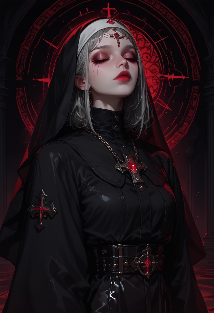 **masterpiece, score_9, score_8_up, hyper-detailed, 8K, full body illustration, cult wizard, digital illustration, woman, ritual, mystic energy, arcane symbols, glowing runes, dark atmosphere, ethereal light, powerful aura, ceremonial staff, ancient book, sacred circle, ominous mood, intense focus, pose: standing tall, arms raised, casting a spell, one hand holding a ritual dagger, other hand glowing with magical energy, head slightly tilted, eyes closed, lips slightly parted, makeup: bold dark eyeliner, dramatic smoky eyes, deep red lips, pale skin, hairstyle: long, flowing silver hair, slightly wavy, adorned with magical symbols, mystical ornaments, hair tied back with enchanted silver ribbon, ornate circlet with emerald gemstone on forehead, clothing style: dark, flowing robes, deep purple and black hues, shimmering silver accents, velvet fabric, intricate embroidery with mystical symbols, tattered edges, gold chain belt with crystal charms, large leather boots with silver buckles, detailed magical accessories, glowing gemstones, high fantasy artistic brilliance, intricate details, mystical lighting, dark and moody color palette, surreal atmosphere, high resolution,sinozick style, flat color, dark theme, morimee_style, cute face, nun,latex,bdsm outfit
