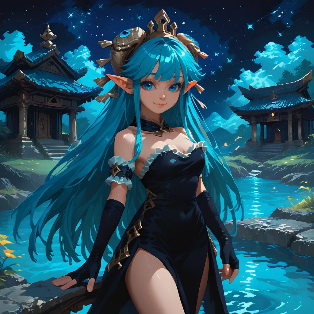 score_9, score_8_up, score_7_up, score_6_up, score_5_up, score_4_up, <lora:taoistp-v1:0.9>, sktaoistp, 1girl, solo, long aqua hair, blue eyes, pointy ears, jeweled crown, detached collar, strapless black dress, fingerless black gloves, elbow gloves, bridal garter, arm garter, black boots, smile, closed mouth, looking at viewer, water_temple, standing, starry sky, night, dark, shadow,
, <lora:Expressive_H:0.4> Expressiveh <lora:vivid_everclear:1>