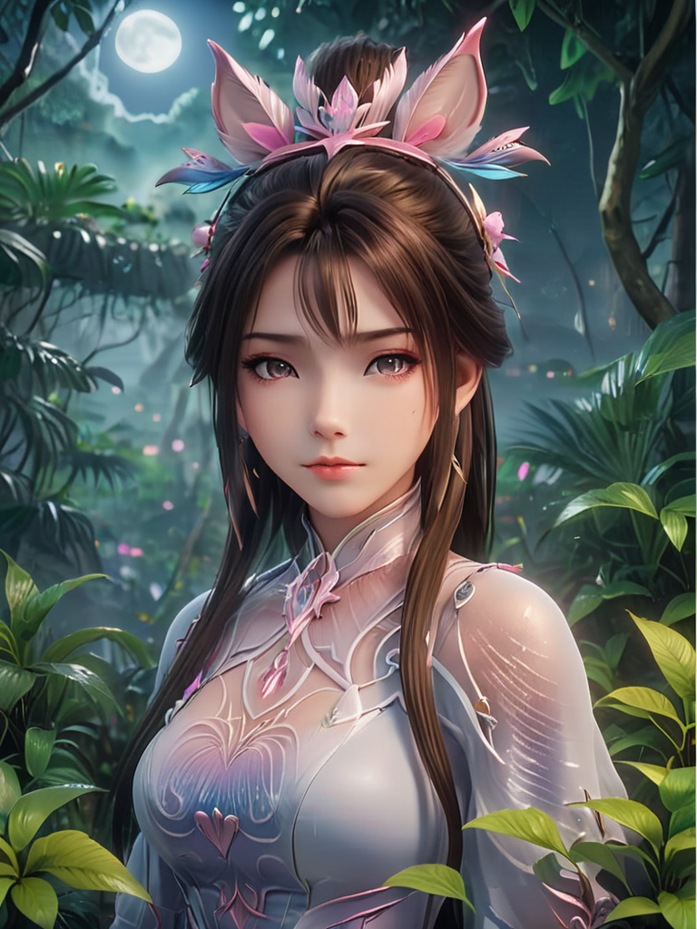 kawaii style 1girl, hunter mizutsune, in a jungle at night, fog, cloudy sky, detailed eyes,  ,   ,   ,  shrubbery, . cute, adorable, brightly colored, cheerful, anime influence, highly detailed<lora:XueQi_SDXL-000008:0.6>,<lora:SDXLFaeTastic2400:0.5>,<lora:- SDXL - shrubbery_n_green-stuff_V1.0:0.8>