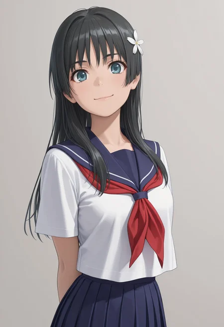 masterpiece,best quality,absurdres,highres,very aesthetic,high quality,detailed,insanely detailed,beautiful,
arms behind back, smile, upper body, looking at viewer, solo, simple background, white background
<lora:Saten Ruiko illu:1> 1girl, long hair, black hair, hair ornament, hair flower, blue eyes, sakugawa school uniform, summer uniform, serafuku, sailor collar, red neckerchief, blue skirt, pleated skirt, long skirt
