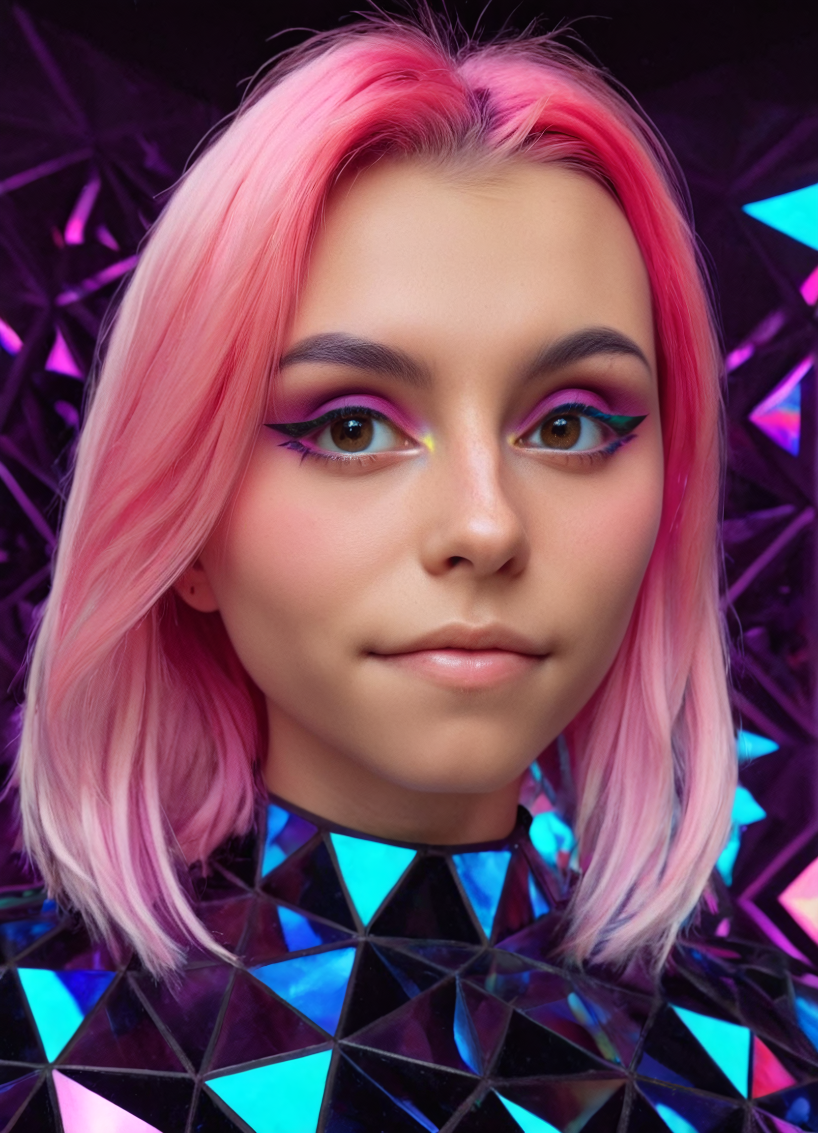 mentaldora, 1girl, brown eyes, dreamy expression, photo of a cute girl, soft smile light pink hair, two tone hair, eyeliner, close portrait, shardborn dancer framed in kaleidoscope, sci-fi warrior with gem-like armor, neon glow reflection, kaleidoglass, holographic facets, neon chromatic depth, angular geometry, refracted jewel tones, neon crystal texture, diamond grid, polygon temple bathed in refracted light <lora:neoncolors2_lora_f16:0.6000000000000001> <lora:mentaldora_v2:1.0000000000000002> <lora:kaleidoglass_v2_epoch_10:1.0000000000000002>