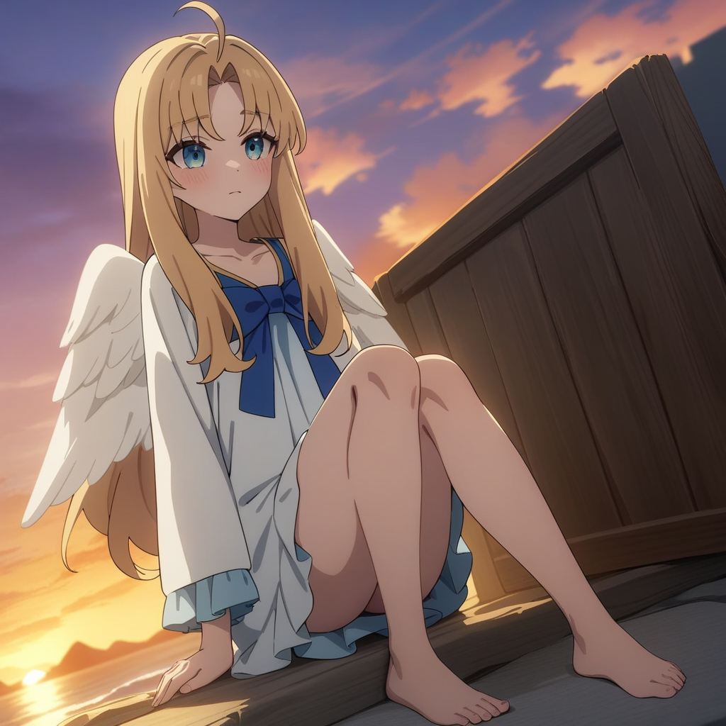 white dress sunset, barefoot, bare legs, tny-filo, white wings, ahoge, (full body), collarbone, solo, 1girl, masterpiece, best quality, very aesthetic, absurdres, newest <lora:tny-filo-V03:0.6>