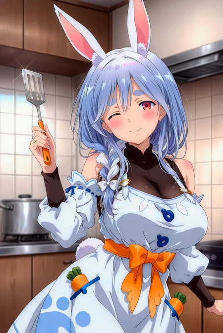 masterpiece, amazing quality, best quality, aesthetic, slender, absurdres, beautiful, detailed eyes, detailed hair, 1girl, pekomama, rabbit girl, animal ear fluff, large breasts, red eyes, short eyebrows, thick eyebrows, multicolored hair, blue hair, white hair, hair between eyes, braided ponytail, white hair bow, bodystocking, shoulder cutout, white dress, long dress, pencil dress, see-through cleavage, dress bow, orange bow, detached sleeves, one eye closed, smile, holding a spatula, (curvy:1.2), head tilt, high lights, light aura, blush, day, (modern kitchen background), dynamic action (intricate:1.2)
