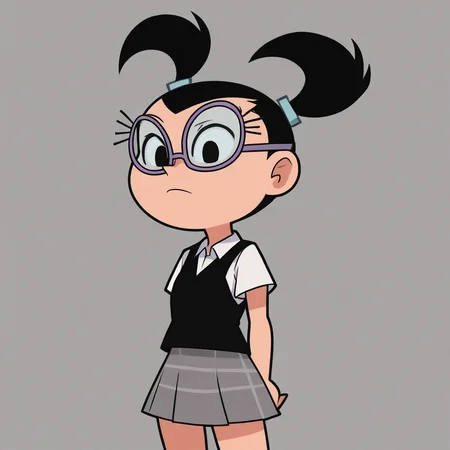 score_7_up, BREAK, source_cartoon, Tootie, 1girl, solo, black hair, twintails, black eyes, glasses, white shirt, school uniform, skirt, <lora:Tootie_FOP_PXL_Leaf2:1>, cowboy shot,
