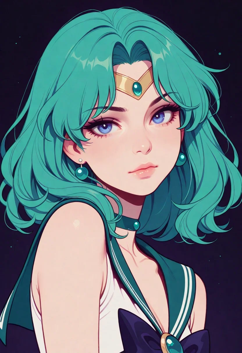 HDR, 8K, masterpiece, best quality, amazing quality, very aesthetic, realistic, newest, (artist:incase:0.5), (artist:tsuaii:1), (flat colors:2), haiz_ai, no lineart, no outline,
solo, 1girl, sailor Neptune, looking at viewer, portrait, stay night sky with Neptune in the background