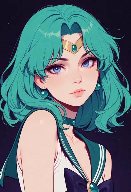 HDR, 8K, masterpiece, best quality, amazing quality, very aesthetic, realistic, newest, (artist:incase:0.5), (artist:tsuaii:1), (flat colors:2), haiz_ai, no lineart, no outline,
solo, 1girl, sailor Neptune, looking at viewer, portrait, stay night sky with Neptune in the background