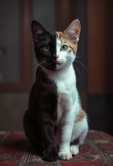Vibrant Colorful, Realistic, analog photo, very detailed, photorealistic, 4k, photo of a cat split exactly down the middle into a purely black and a purely white side, Realistic analog photo, atmospheric lighting, volumetric lighting, cinematic, Epic Film Quality, n30nfilm