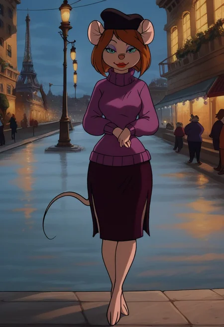 score_9, score_8_up, score_7_up, ultra quality
outdoors, Paris city, night, ffltwr_far
1girl, desiree d'allure, anthro, furry, mouse, mouse ears, mouse tail, red lips, light purple eyeshadow, brown hair, short bob cut, side-swept bangs, aqua eyes
black hat, purple sweater, turtleneck sweater, long sleeves, dark purple skirt, break
full body view, front view, seductive smile, looking at viewer