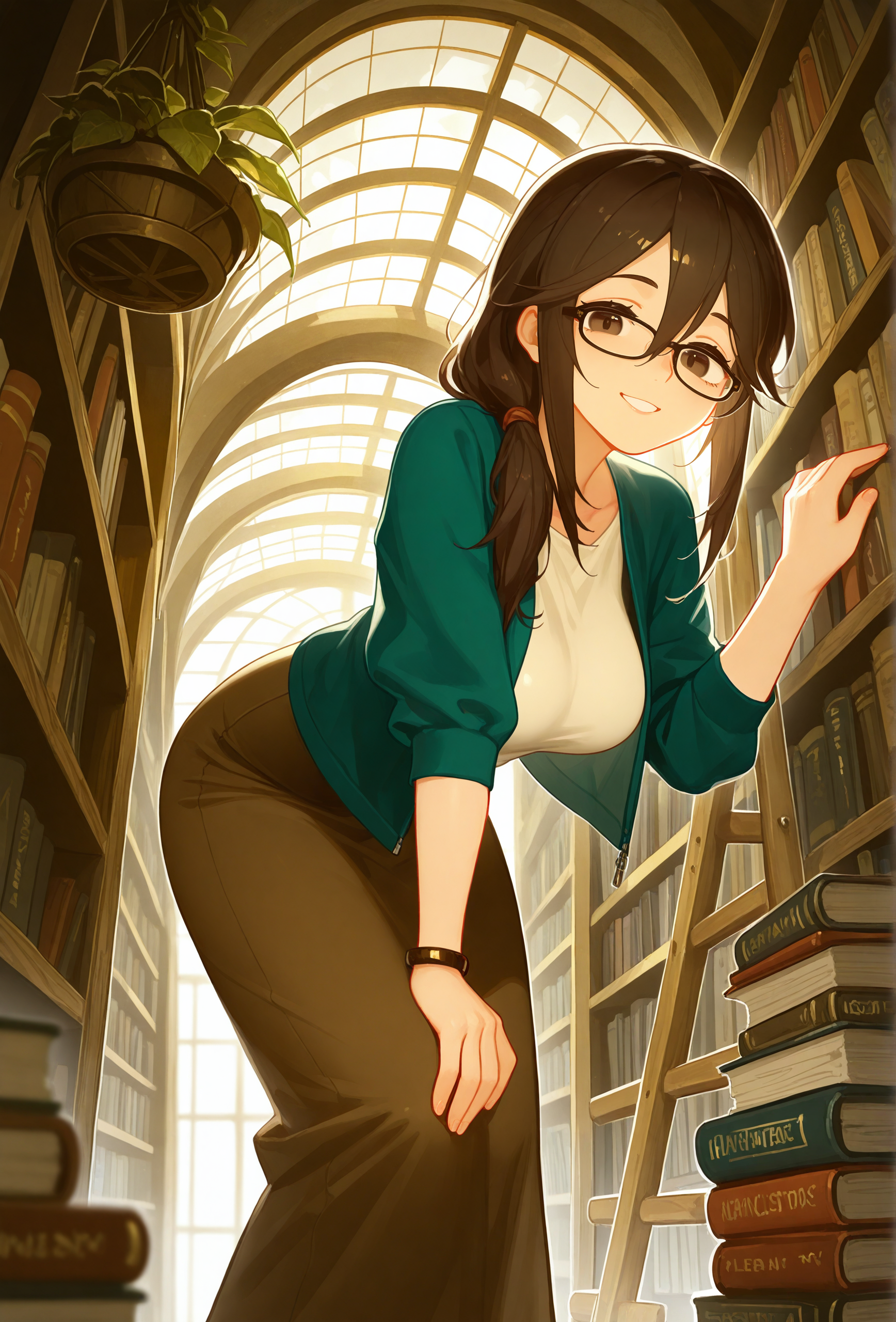masterpiece,best quality,amazing quality, <lora:antifreez3_style_illustrious_v1f:1> afz3style, 1girl, solo, long hair, hair between eyes, sidelocks, glasses, smile, looking at viewer, (mature female:1.2), BREAK
medium breasts, jacket, long skirt, skylight \(architecture\), hanging plant, library, bookshelf, ladder, book stack, depth of field, bracelet