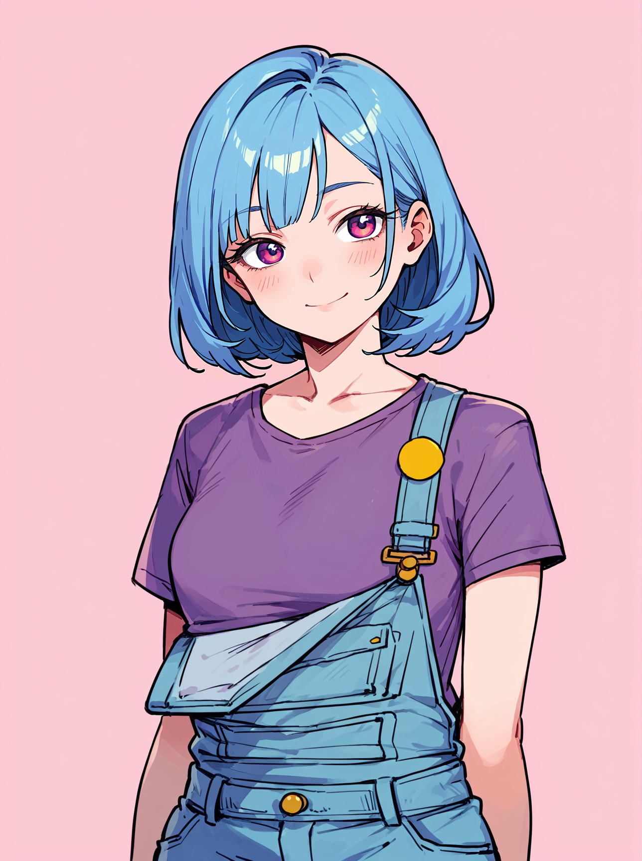 score_8_up, score_7_up, score_6_up, source_anime, 1girl, solo, simple background, pink background,
standing, pose, contrapposto, arched back, cowboy shot, facing viewer
smile, 
purple t-shirt, overalls  <lora:Dokkaebi_Casual:1>