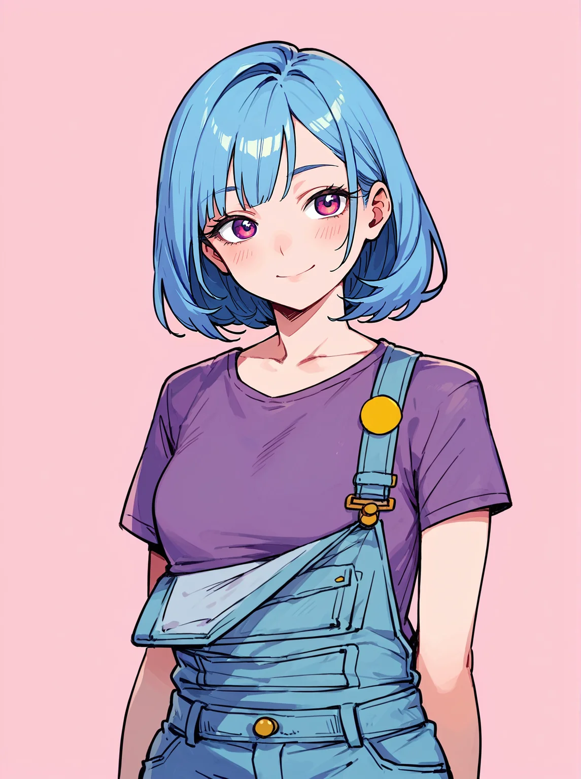 score_8_up, score_7_up, score_6_up, source_anime, 1girl, solo, simple background, pink background,
standing, pose, contrapposto, arched back, cowboy shot, facing viewer
smile,
purple t-shirt, overalls <lora:Dokkaebi_Casual:1>