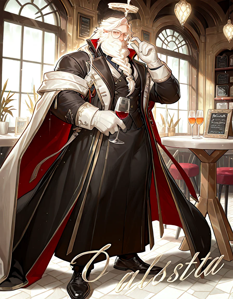 yv@ngelista,1boy,male focus,white hair,old,halo,white beard,glasses,looking at viewer,solo,full body,mature male,muscular,white hair,white beard,glasses,sharp eyes,elegant pose,adjusting glasses,holding wine glass,white gloves,dark green long coat,black suit,gold trim,classy vest,polished black shoes,marble floor,sunlight through window,indoor,luxurious cafe,modern fantasy interior,standing near table,godly aura,dignified stance,warm lighting,cinematic angle,fashion magazine,stylish cover,clear text,<lora:Yvangelista:1>,<lora:noobai_vpred_1_masterpieces_v23:1>,<lora:NOOB_vp1_detailer_by_volnovik_v1:1>,<lora:SLE_v2:1>,masterpiece,best quality,very aesthetic,