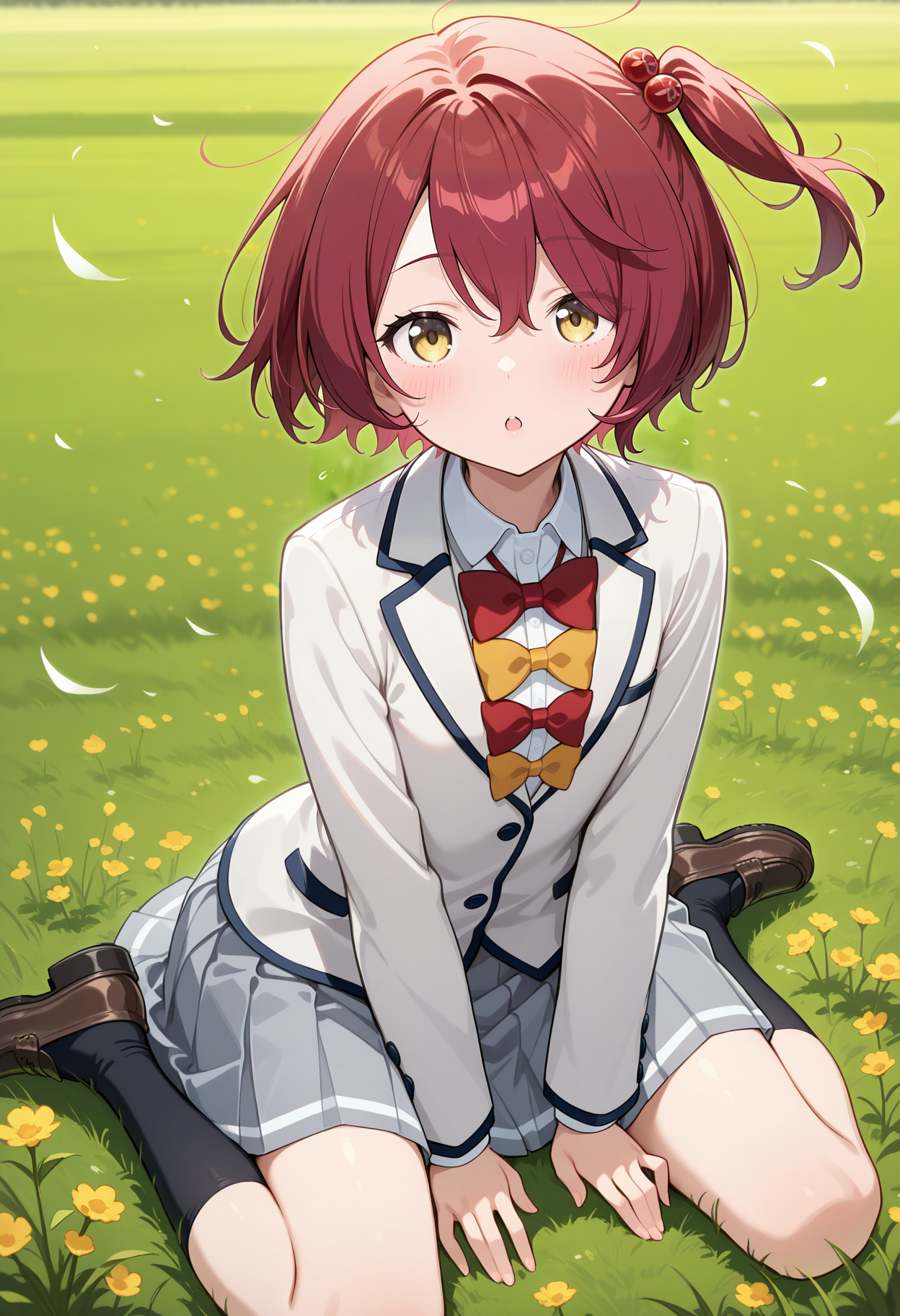 aakomari, short hair, red hair, one side up, hair bobbles, school uniform, red bow, yellow bow, collared shirt, blazer, white jacket, long sleeves, pleated skirt, grey skirt, <lora:komari_chika_ilxl_v1:0.9>, solo, wariza, :o, field, wind, black socks, loafers,
ultra-detailed, masterpiece, newest, best quality