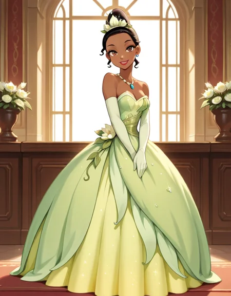 masterpiece, best quality, amazing quality, very aesthetic, absurdres, newest, detailed background, 4k, 8k, indoors, medium breasts, looking at viewer,
tianaxd, 1girl, dress, solo, dark skin, gloves, dark-skinned female, necklace, jewelry, elbow gloves, smile, black hair, breasts, brown eyes, flower, strapless, bare shoulders, full body, green dress, cleavage, looking at viewer, earrings, lipstick, long dress, white gloves, gown, updo, hair ornament, strapless dress, green dress
<lora:Tiana_-_Disney_Illustrious:1>