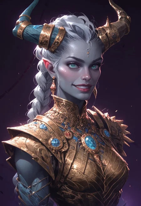 Stable_Yogis_PDXL_Positives,  (score_9, score_8_up, score_7_up), source_nsfw, ((face focus, eye focus, dynamic angle, motion)), fantasy,(1girl, solo, taash, qunari, taash_01, horns, grey skin) (white hair, single braid, very-long braid, lips, large breasts), breathless intimacy, textured skin, armor, skirt, athletic figure, toned, lust, big eyes, seductive eyes, detailed skin, athletic body, toned, narrow waist, wide hips, ((tiny waist)), ((hourglass figure)),((sexy pose)), sensual gaze, (confident, smirk, grin)
warm light, detailed, neon dark party
 BREAK
milky way, runes, arcane, astral, surreal, ethereal glow, masterpiece, best quality, intricate design. colorful, moonlit nightsky, moody whimsical color palette, bold soldering lines, volumetric light shining through, crepuscular rays, intricate craftsmanship, detailed texture, luminous transparency, reflective light play, vivid hues, atmospheric depth, enchanting silhouette, art nouveau,