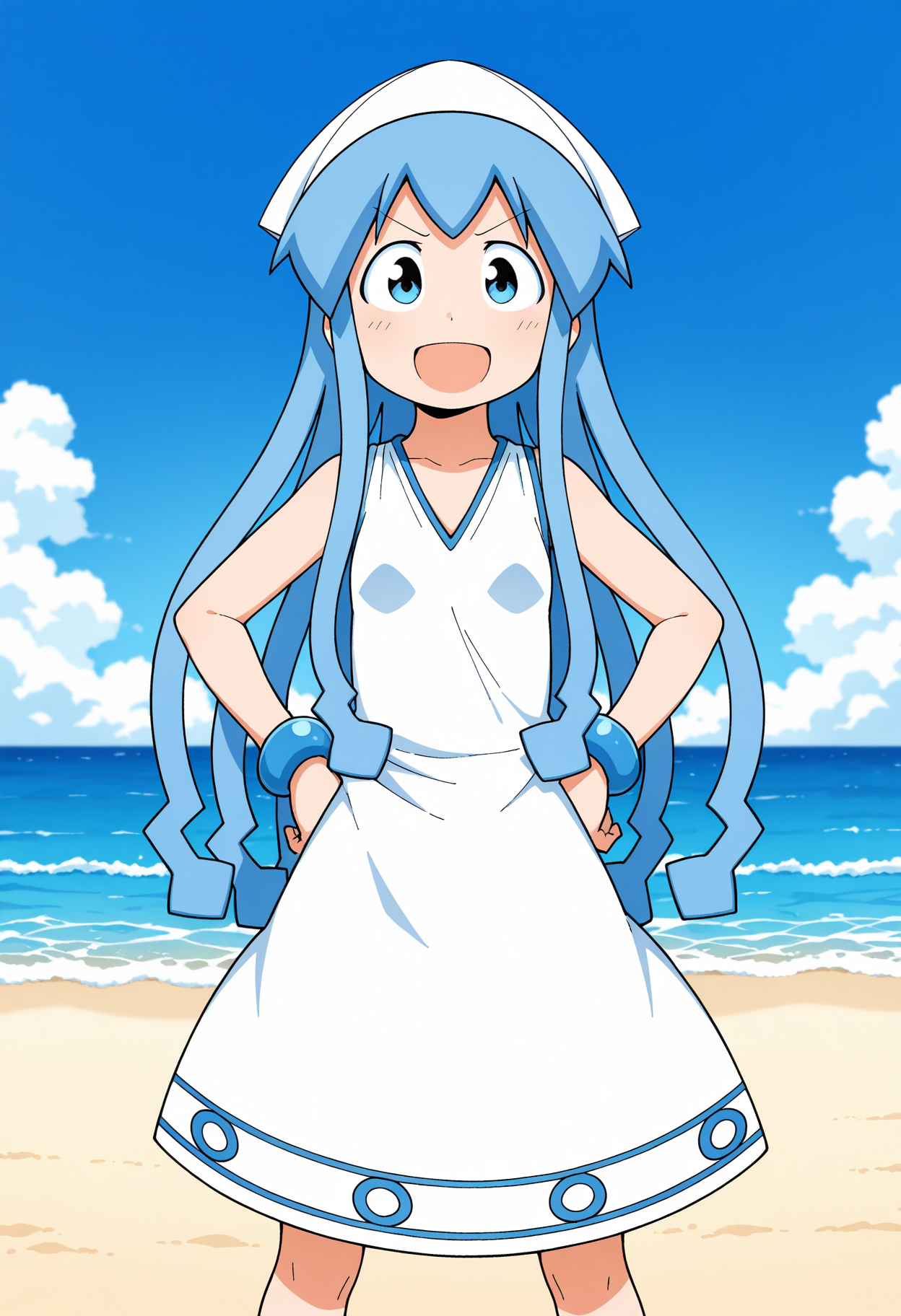 1girl, <lora:ikmsm_illustrious_v6:1> ikmsm, ikamusume, white dress, 
smile, (open eyes), open mouth, v-shaped eyebrows, 
standing, hands on hips, 
outdoors, beach, blue sky, 
general, masterpiece, best quality, very aesthetic, absurdres, anime coloring,