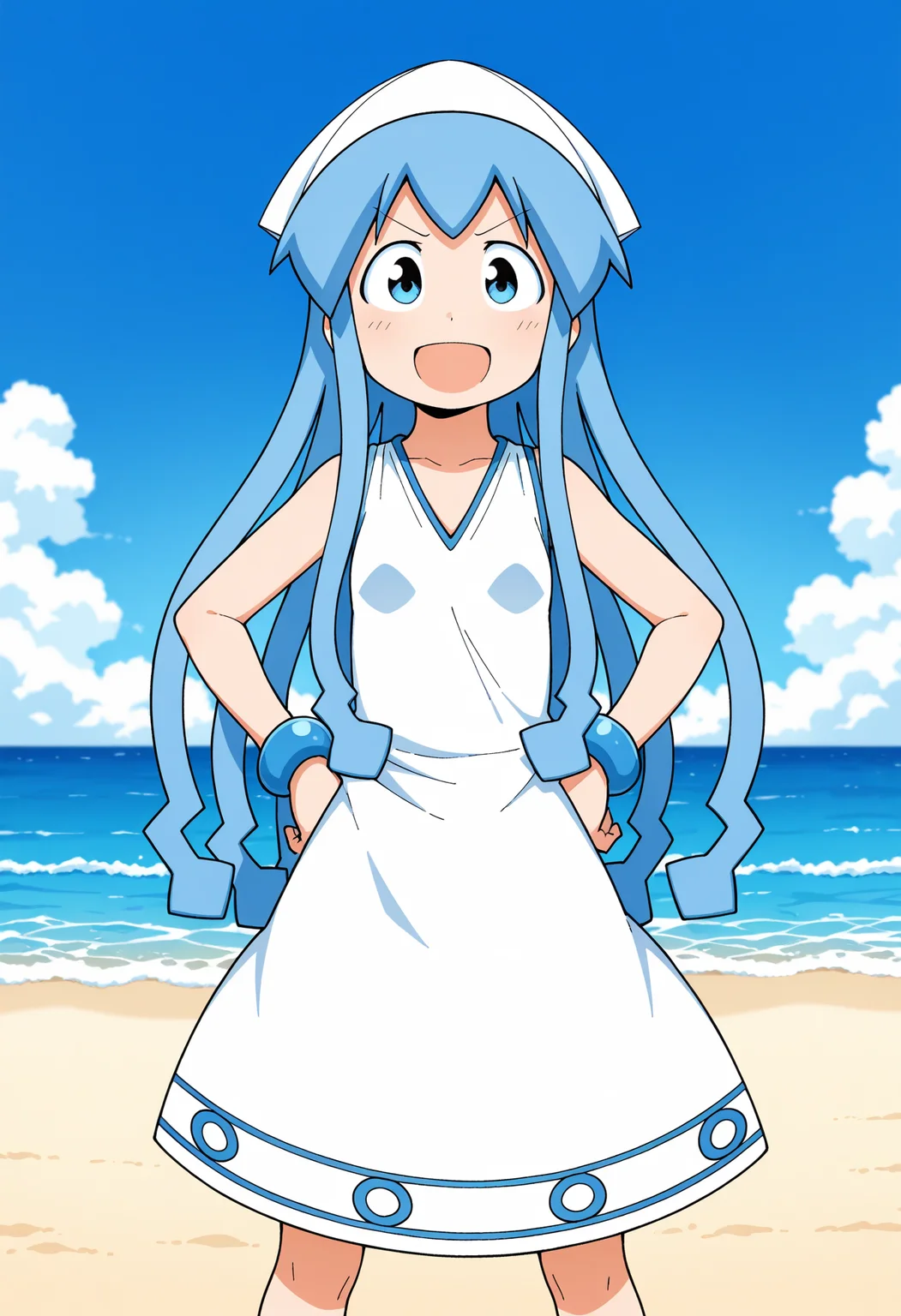 1girl, <lora:ikmsm_illustrious_v6:1> ikmsm, ikamusume, white dress,
smile, (open eyes), open mouth, v-shaped eyebrows,
standing, hands on hips,
outdoors, beach, blue sky,
general, masterpiece, best quality, very aesthetic, absurdres, anime coloring,