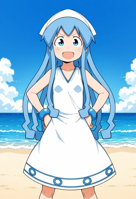 1girl, <lora:ikmsm_illustrious_v6:1> ikmsm, ikamusume, white dress, 
smile, (open eyes), open mouth, v-shaped eyebrows, 
standing, hands on hips, 
outdoors, beach, blue sky, 
general, masterpiece, best quality, very aesthetic, absurdres, anime coloring,