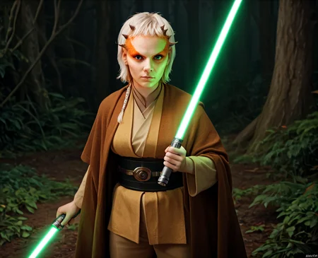 (score_9, score_8_up, score_7_up, score_6_up)  <lora:Jecki_Lon_v2:1> jecki lon, star wars, solo, 1girl, face markings, padawan, realistic, braid, jedi tunic, facial horns, pants, white hair, short hair, puffy eyes, round face, black eyes, holding, green lightsaber, laser sword, forest, science fiction, starry, dark <lora:offset_0.2:1> contrast