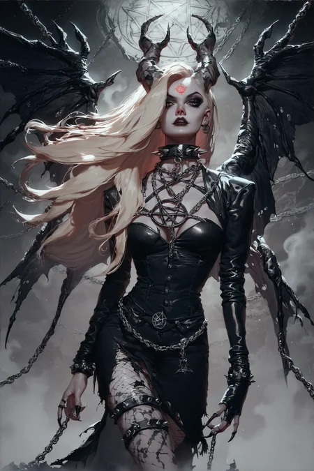 score_9, score_8_up, score_7_up, score_6_up, Dark beauty, beautiful girl, blonde hair, long hair, heavy chains, black leather, spiked collars, torn fishnets, dark eyeliner, smoky eyeshadow, pentagram symbols, silver daggers, occult symbols, flickering lanterns, blood-stained walls, eerie fog, haunted mansions, cracked stone floors, ancient runes, raven wings, velvet chokers, cursed relics, sharp talons, sinister grins