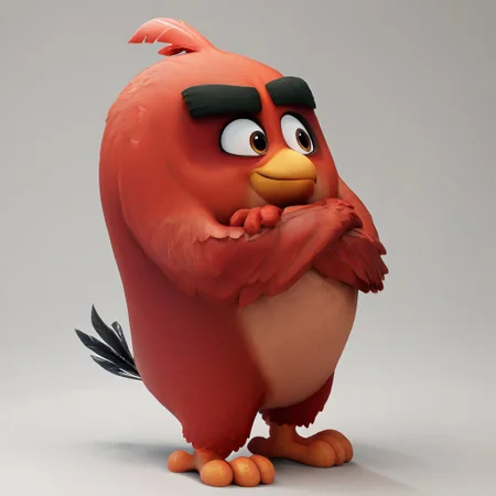 red_bird, angry birds, score_9, score_8_up, score_7_up, score_6_up, score_5_up, score_4_up, source_furry, hi res, sfw. 3D artwork, 3D render, 3D artwork, Sony Pictures Animation style.
red plumage, robust body, black eyebrows, thick eyebrows, small beak, brown eyes, round body, red head tuft, tail feathers, feathered hands, winged arms, under-eye circles, bird, short legs, solo, avian feet.
White background, crossed arms, serious look, smirk, standing, full body.