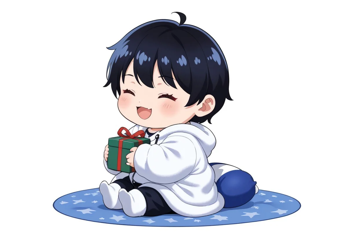 chibi solo, 1girl, medium black hair fluffy blue hanfu, wide long sleeves white hanfu, funny, chibi sitting, infant, toddler,
Fat chibi open christmas gifts, medium, baby, infant, toddler, chubby cheeks,
Toy plushie, opened mouth, smile, giggled, white background, christmas party, chibi, chibi, infant, force side view, force from side,
