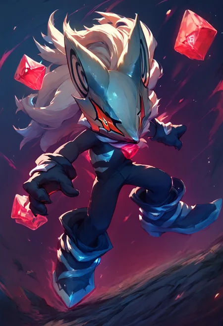 score_9, score_8_up, score_7_up, score_6_up, Infinite the jackal mask, ruby in chest, gloves, boots, solo, male, stylish male, illations, glowing cubes, action pose,