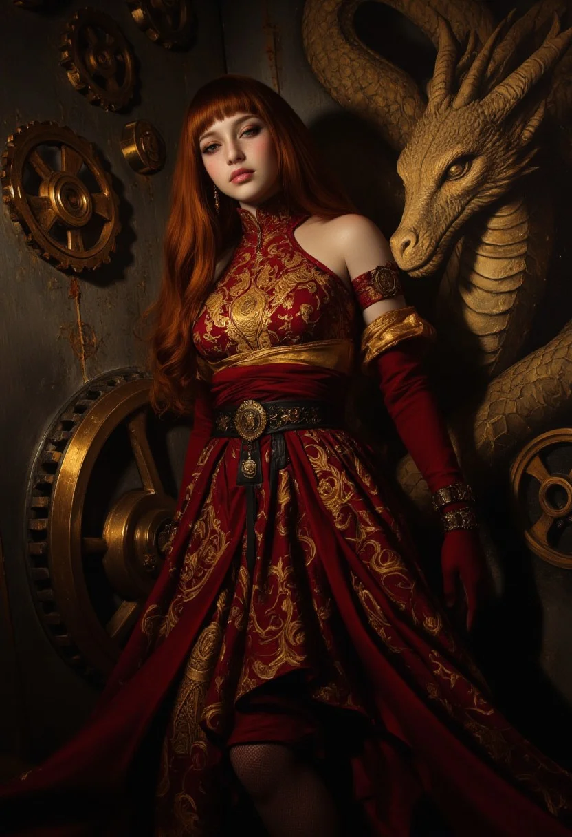 A visually stunning closeup portrait capturing the essence of beauty and emotion. Subject: A confident woman with long, flowing auburn hair, wearing a striking outfit inspired by steampunk and fantasy elements. Her attire consists of a bold, deep red dress adorned with golden dragon motifs, featuring asymmetrical cuts that reveal her shoulders. The fabric glimmers subtly in the dim light, with a sash-like element draped across her body, adding to the regal aesthetic. Her expression is calm and alluring, and her posture is relaxed yet exudes strength, leaning slightly against a textured industrial wall. As the viewer's gaze moves downward, an unexpected and surreal twist emerges: her shadow, cast sharply by the ambient light, takes on the form of an enormous mechanical dragon coiled protectively around her, its glowing eyes and moving gears giving it life. Background: A dark, industrial setting illuminated by warm, ambient lighting. Rusted gears of various sizes are embedded into the metallic walls, creating a steampunk atmosphere. Shadows cast by the machinery add depth and mystery to the scene, emphasizing the gritty yet sophisticated environment. Style: The dynamic interplay between reality and shadow creates a surreal juxtaposition, inviting the viewer to question the boundary between the physical and the ethereal.