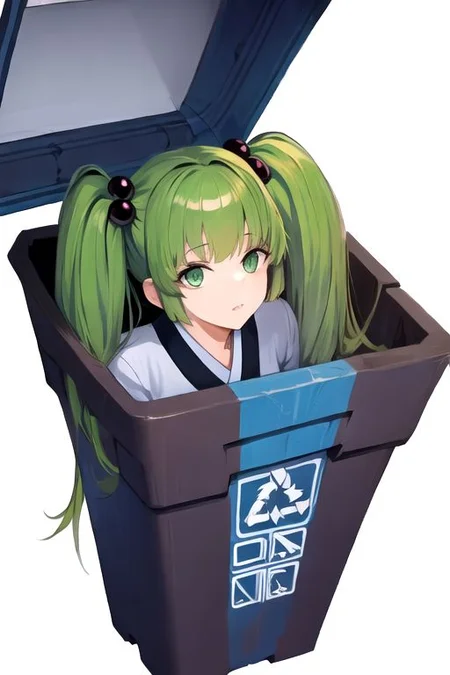 solo_focus, 1girl, (((masterpiece))), ((best quality)), ((ultra-detailed)), high resolution, absurdres, highres, ultra-detailed 8k unity wallpaper, 
trash can, in contain, 
kisume, solo, 1girl, green_hair, hair_bobbles, twintails, green_eyes, japanese_clothes, bucket, in_a_bucket, in_container,