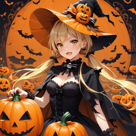 long twintails, blonde hair, pumpkin hat,medium breasts ,fang
gothic dress,torn cloak,
halloween, halloween costume,
score_9, score_8_up, score_7_up,  masterpiece, best quality, source_anime, source_hentai,  uncensored, detailed background,