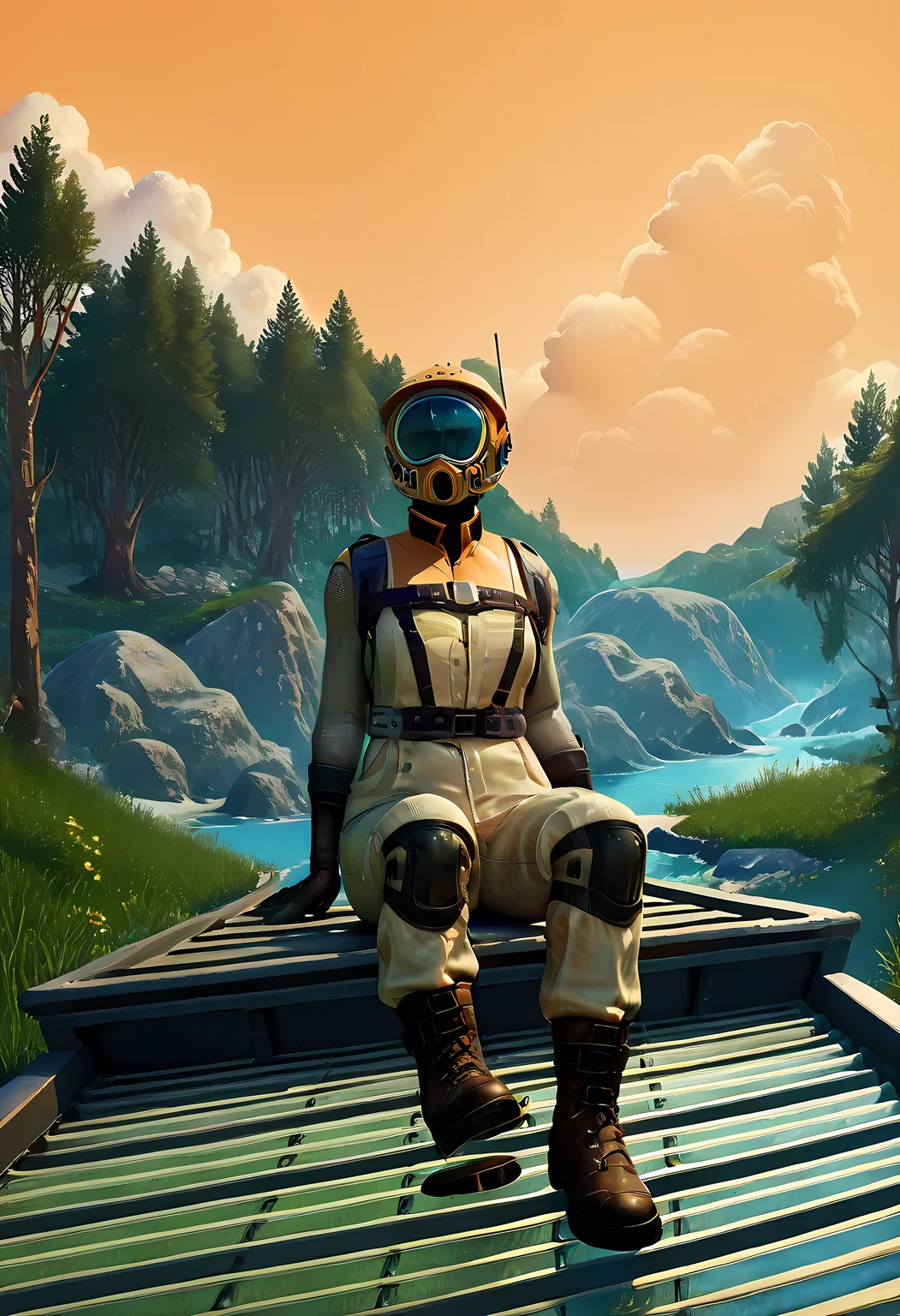 score_9, score_up_8, score_up_7, score_up_6, pioneer, worker suit, worker sitting on spaceport deck, <lora:Satisfactory_pioneer_suit:0.8>, industrial background, industrial planet background <lora:zy_Detailed_Backgrounds_v1:1> scenery, tree, outdoors, cloud