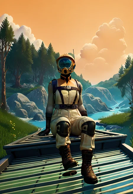 score_9, score_up_8, score_up_7, score_up_6, pioneer, worker suit, worker sitting on spaceport deck, <lora:Satisfactory_pioneer_suit:0.8>, industrial background, industrial planet background <lora:zy_Detailed_Backgrounds_v1:1> scenery, tree, outdoors, cloud