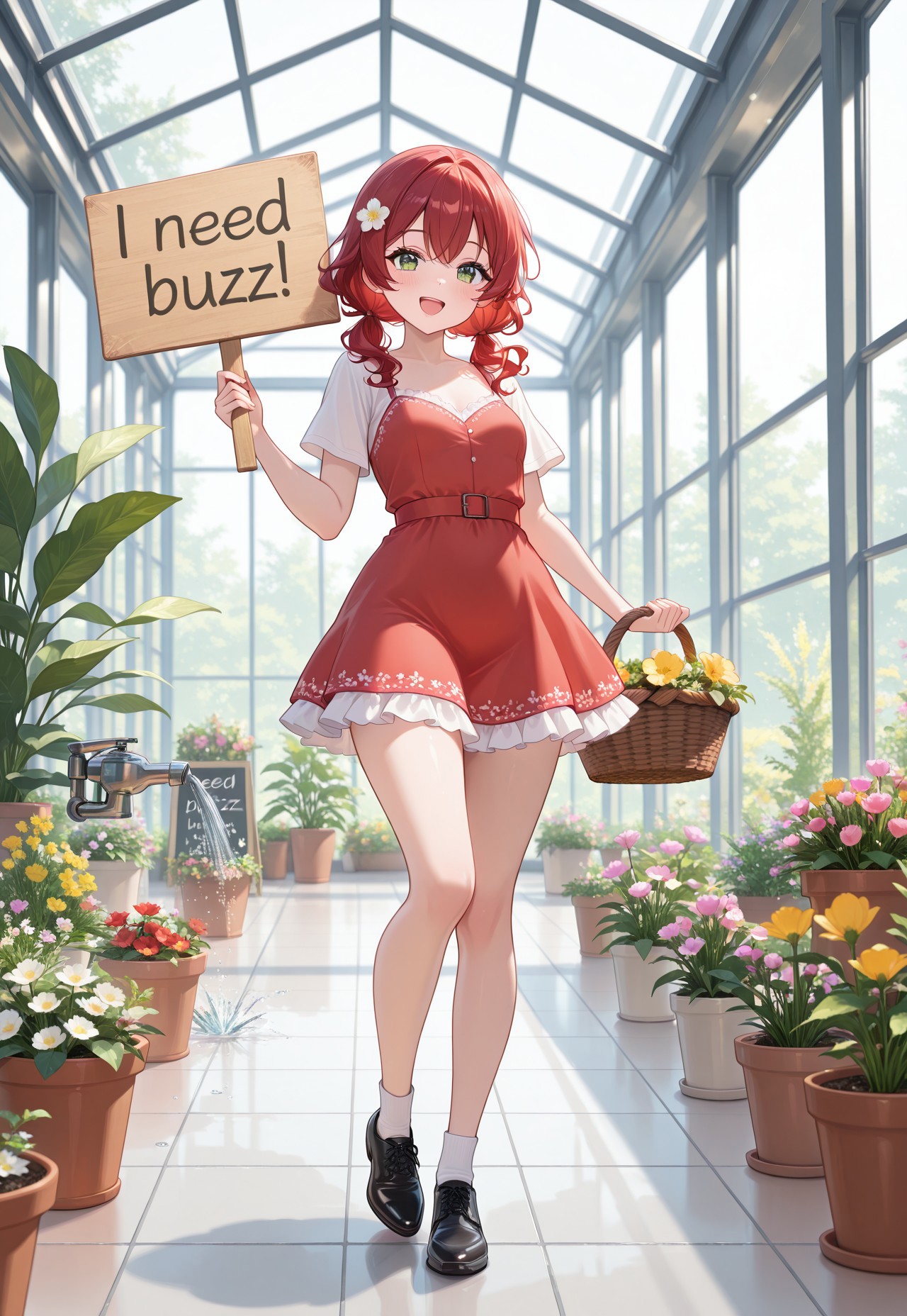 safe_pos, 32k uhd, (masterpiece:1.2), (best quality:1.2), (very aesthetic:1.2), (absurdres:1.2), (detailed background),newest, 1girl, short girl, full body, small breast, indoors, greenhouse. flowers, sprinkler, flower basket, red hair, short hair, low twintails, wavy hair, green eyes, solo, smile , open mouth, flower hair ornament, (light red dress), frilled dress, short dress, white socks, black shoe, white shirt, short sleeve,need_buzz, holding sign