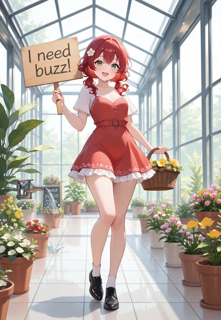 safe_pos, 32k uhd, (masterpiece:1.2), (best quality:1.2), (very aesthetic:1.2), (absurdres:1.2), (detailed background),newest, 1girl, short girl, full body, small breast, indoors, greenhouse. flowers, sprinkler, flower basket, red hair, short hair, low twintails, wavy hair, green eyes, solo, smile , open mouth, flower hair ornament, (light red dress), frilled dress, short dress, white socks, black shoe, white shirt, short sleeve,need_buzz, holding sign