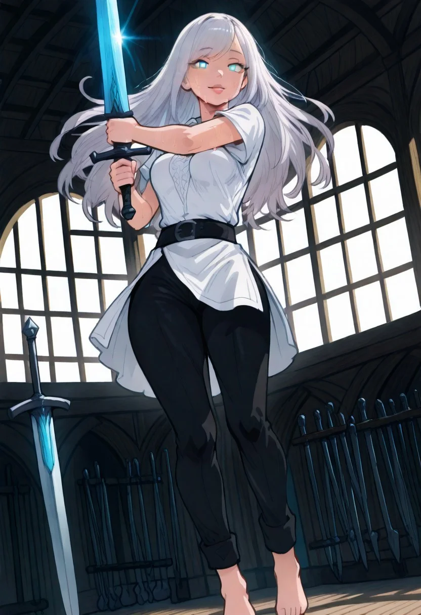 masterpiece, best quality, amazing quality, aesthetic, absurdres, newest, very aesthetic, volumetric lighting, uncensored, 8k, ultrahd, ray tracing, sharp focus,
BREAK
nsfw, ambient occlusion, intricate cinematic background, beautiful detailed face, (sexy, slutty, hot), anime_face, Hews,
BREAK
masterpiece, highly detailed, solo, beautiful eyes, big eyes, (cyan eyes, bright pupils), glowing eyes, detailed eyes, perfect eyes, detailed pupils, perfect body, (sexy lips), 1girl,
BREAK
fair skin,
BREAK
white hair, long hair, swept bangs from left, medium breasts, loose white tunic, tight black trousers, sabatons,
BREAK
dynamic action pose, standing, dynamic expressions, holding weapon, greatsword, training, swinging, sparring, sweaty, focused,
BREAK
portrait, face focus, dutch angle, full body, indoors, day, sunlight, training arena, huge windows, mirrors, weapon racks, medieval fantasy, rich color tone, tasteful layout, cinematic composition, detailed background,