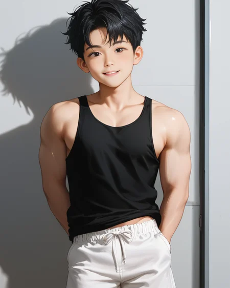 score_9, score_8_up, score_7_up, Korean, <lora:Cute_Cartoon_ArtStyle:1>, <lora:Expressive_H:1>, ((adorable handsome young man:1.2, light skin)),
tae_dong, black tanktop, white shorts looking at viewer, dynamic action, expressive cute face, male focus, 1boy, solo, cowboy shot, cinematic, <lora:tae_dong-000013:1>, ((tae_dong))