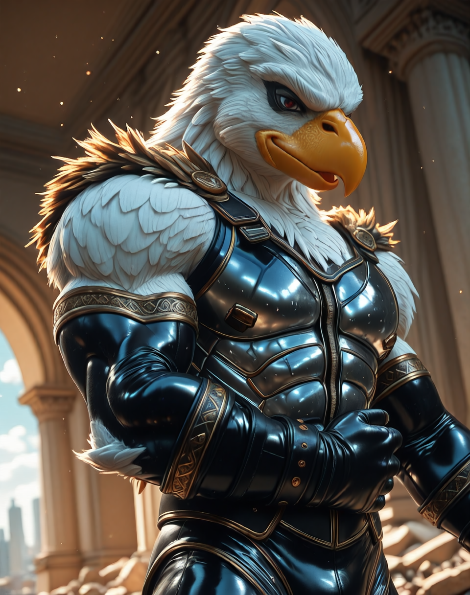 8K, In'ei, chiaroscuro, masterpiece, beautiful, sharp focus, crisp details, photographic realism, gradient coloring, 8K CGI render, hyper realism, intricate details, 
<lora:Adlerian_(Illustrious)_(AD):0.85> Adlerian, eagle, Adleria, muscular,
exterior, dutch angle, dynamic action, cowboy shot, bent knee, city skyline, rubble, destroyed hero base, sky with clouds, dark picture,
male focus, leather armored, warrior, metallic latex leather chest armor with ab lines, metallic latex leather cuffed gloves, metallic latex leather cuffed boots, voluminous cape, bare thighs, biceps, shoulders, beak,
supervillain, supervillain suit, chest armor, virtuoso fighter, despite being a villain he has a large number of fans, women fawn over him finding the villain sexy, the villains raw strength and manliness is an inspiration for many to become villains, he represents the strength and ideals of a supervillain, feathered head, beak, he is mocking the heroes for their weakness,
EZRealPONYXL, zPDXL, Smooth Quality, lazynsfw,