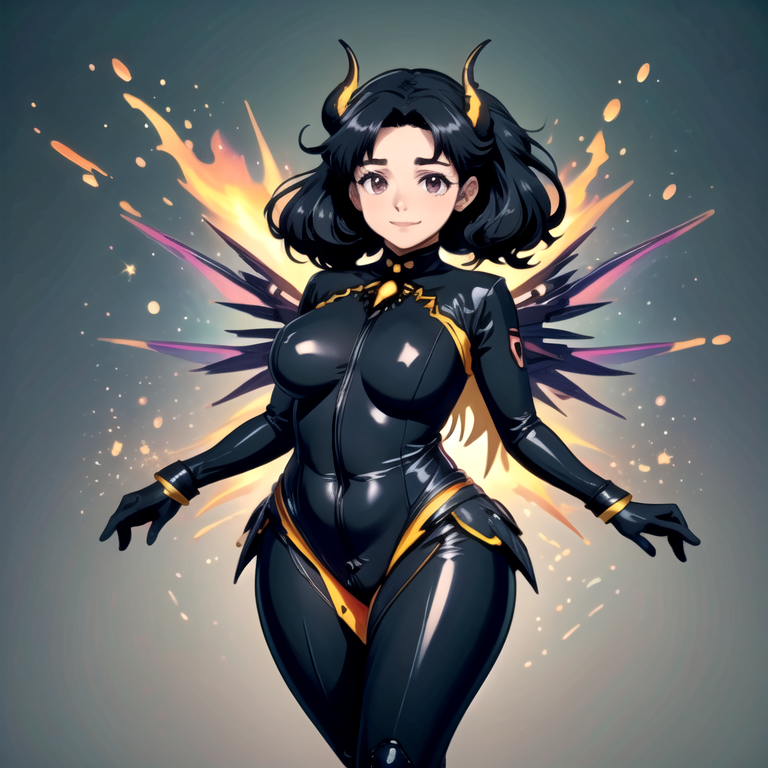((top quality, 8k wallpaper)),(masterpiece, best quality),extremely detailed,high definition,(official art:1.3),(((anime screencap,black outline))),<lora:more_details:0.3>,<lora:LCM_LoRA_Weights_SD15:1>,1girl, (large breasts), (parted bangs:1.6), <lora:ETO_OC:0.2> ETO-OC, <lora:ETO_OCC006:0.4>, ETO_OCC, (curly hair:1.3), (long hair:1.1), thick eyebrows, pale skin, curvy, (plump:1.2), fat, 1girl, mature female, smile, black hair, looking at viewer,  BREAK <lora:devilmercy-nvwls-v1:0.7> devilmercy, demon horns, blue sleeves, opalescent bodysuit, long sleeves, blue gloves, pelvic curtain, (mechanical wings:1.4), black leggings, fire, sparks, brimstone, (glowing wings), (neon lights), magical, mystical, rainbow, <lora:opal-style-darquelilly-v1:0.8> opalstyle, opal gems