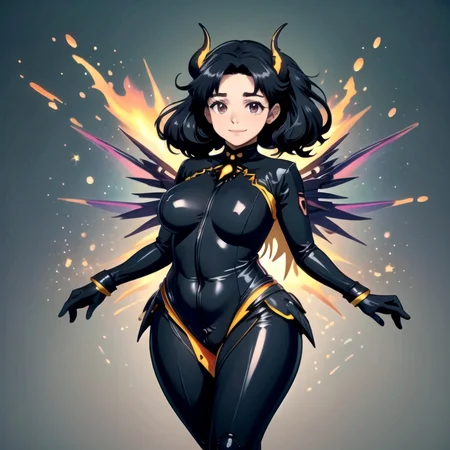 ((top quality, 8k wallpaper)),(masterpiece, best quality),extremely detailed,high definition,(official art:1.3),(((anime screencap,black outline))),<lora:more_details:0.3>,<lora:LCM_LoRA_Weights_SD15:1>,1girl, (large breasts), (parted bangs:1.6), <lora:ETO_OC:0.2> ETO-OC, <lora:ETO_OCC006:0.4>, ETO_OCC, (curly hair:1.3), (long hair:1.1), thick eyebrows, pale skin, curvy, (plump:1.2), fat, 1girl, mature female, smile, black hair, looking at viewer,  BREAK <lora:devilmercy-nvwls-v1:0.7> devilmercy, demon horns, blue sleeves, opalescent bodysuit, long sleeves, blue gloves, pelvic curtain, (mechanical wings:1.4), black leggings, fire, sparks, brimstone, (glowing wings), (neon lights), magical, mystical, rainbow, <lora:opal-style-darquelilly-v1:0.8> opalstyle, opal gems