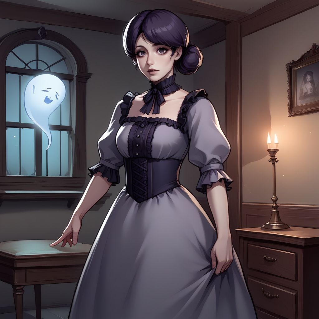 score_9, score_8_up, score_7_up, score_6_up, score_5_up, score_4_up, zPDXL2,source_anime,rating_questionable, solo, 1girl,  Victorian dress, ghost, looking at viewer, cowboy shot,  <lora:Haunted_House:0.8> h4untedhouse, indoors, night, spooky
