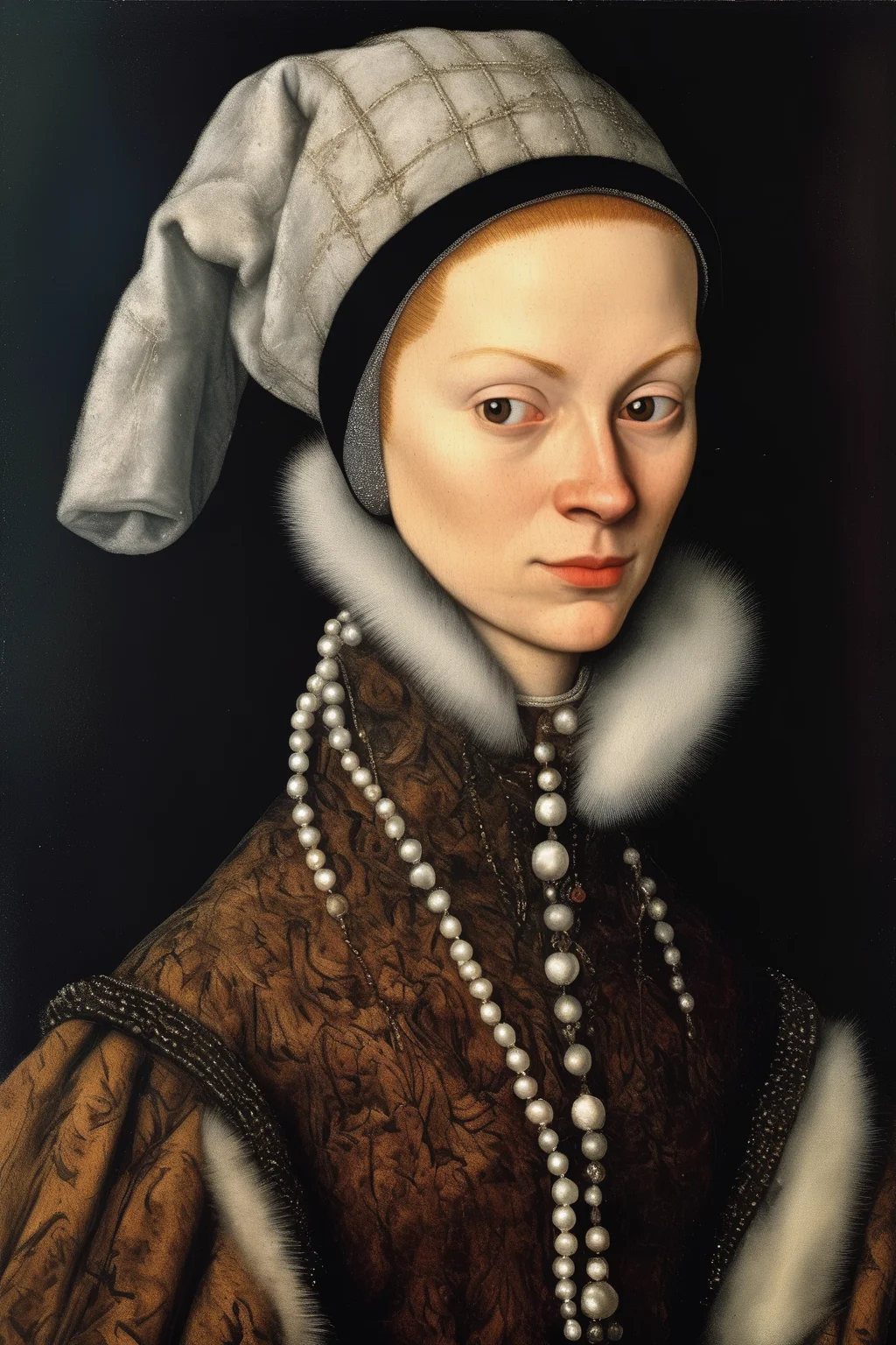<lora:Sofonisba Anguissola Style:1>Sofonisba Anguissola Style - Create a portrait of a woman from the 16th century in Poland. Her name is Anna, and as a twice-married woman, she wears a cap or coif covered in fur that thoroughly conceals her hair. Her neck is shielded with a 'rantuch', which is a white scarf cascading down to her shoulders, richly embroidered with silver or gold. In winter, she drapes a substantial cloak or fur over her dress. Her cap is adorned with pearls, a fashionable statement of her era. Anna has a refined appearance, but her gaze reveals a wisdom and experience earned from life