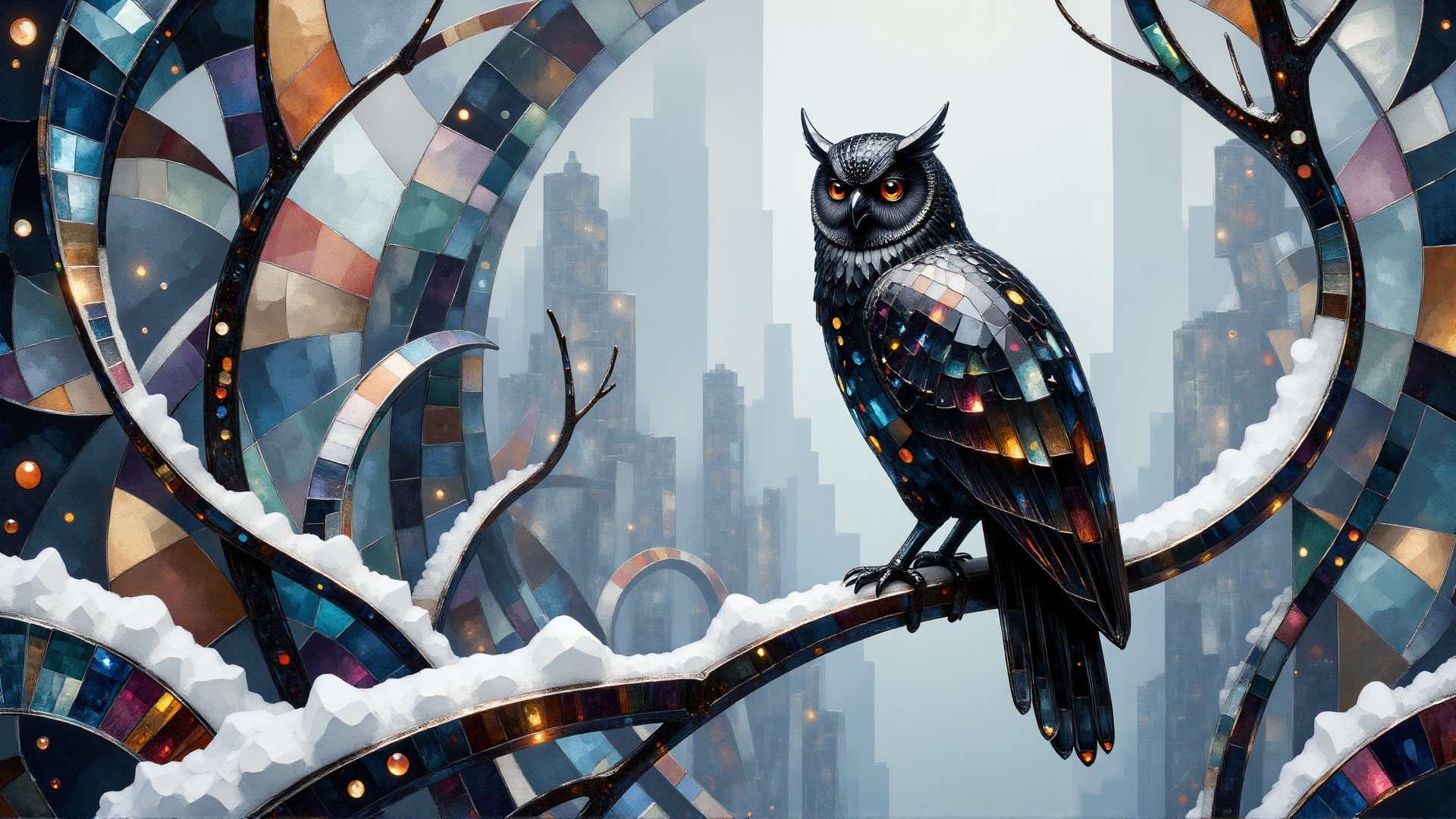 The basic cs-cr1stal scene is black owl perched on a snowy branch. The picture combines Decadent Movement monumental elements with a modern interpretation characterized by elegant lines, a winter color palette, and intricate gothic details. The background skilfully blends shapes into a Surrealist backdrop. <lora:midjourney_whisper_chromaplex_v1:0.8> <lora:Crystality Flux_v1:0.8>