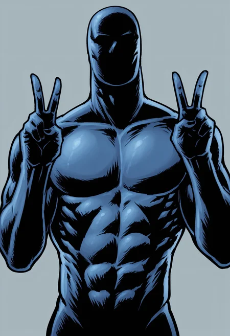 score_9, score_8_up, score_7_up, score_6_up, score_5_up, score_4_up, <lora:BlackNoir:0.8> solo, square jaw, faceless, bodysuit, muscular, bodybuilder, abs, upper body, view from above, blue theme, v sign,
simple background,