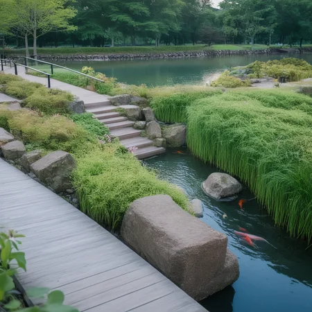 <lora:JJsEcology_Park_XL:.7>, ((Ecology Park)),masterpiece , best quality, Landscape, scenery, outdoors, building, tree, sky, real world location, grass, bush, flower, city, water, lawn, sidewalk, ivy, bench,sakura, dawn, rain,pond,day, column, beam, RAW photo, subject, 8k uhd, dslr, soft lighting, high quality, film grain, Fujifilm XT3, aquatic plants, wood hand rail, soil, wild grass,  river, rock,pebble, fish under water,