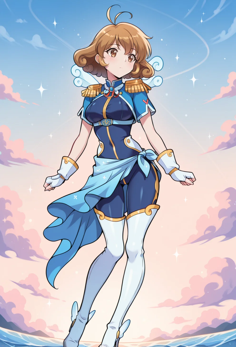 masterpiece, best quality, high quality, anime, <lora:AEYui_1:1>
AEYuiWater, brown eyes, brown hair, curly hair, short hair, aiguilette, blue bodysuit, epaulettes, fingerless gloves, short sleeves, white gloves, sarong, white footwear, thigh boots, knee boots, high heel boots, wings,
blue theme,