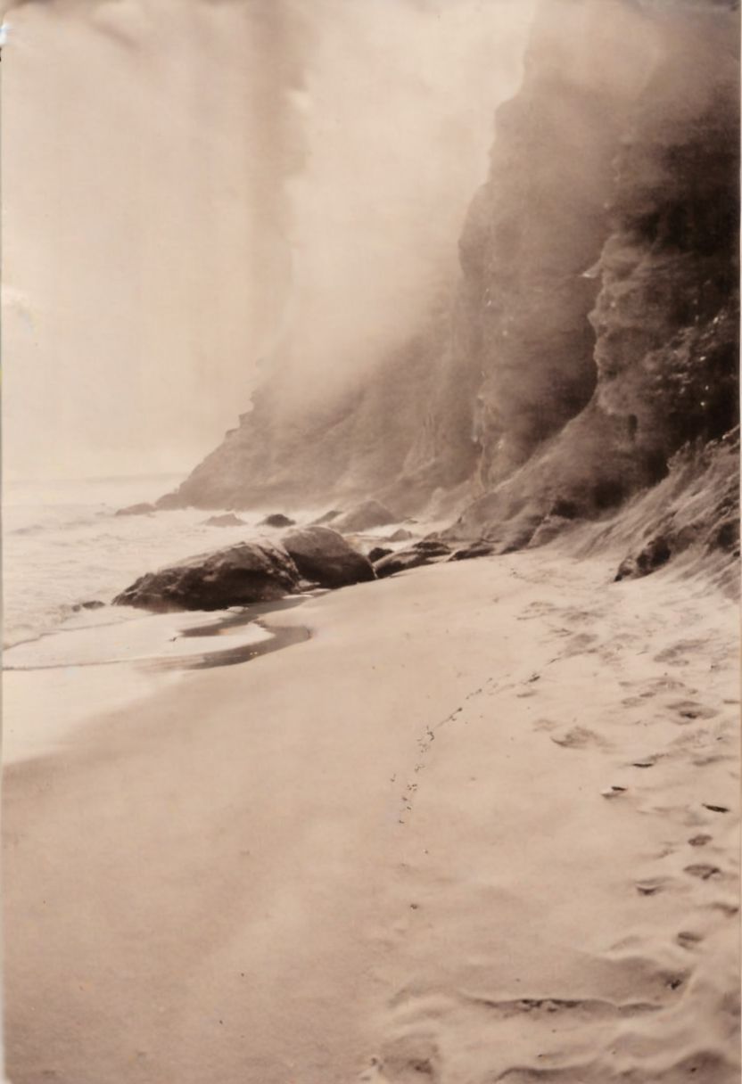lith_agfabrovira_BH21, instagram photo, a foggy beach, hard shadows, film grain