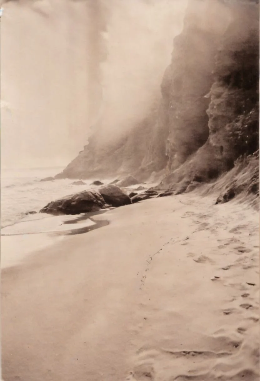 lith_agfabrovira_BH21, instagram photo, a foggy beach, hard shadows, film grain