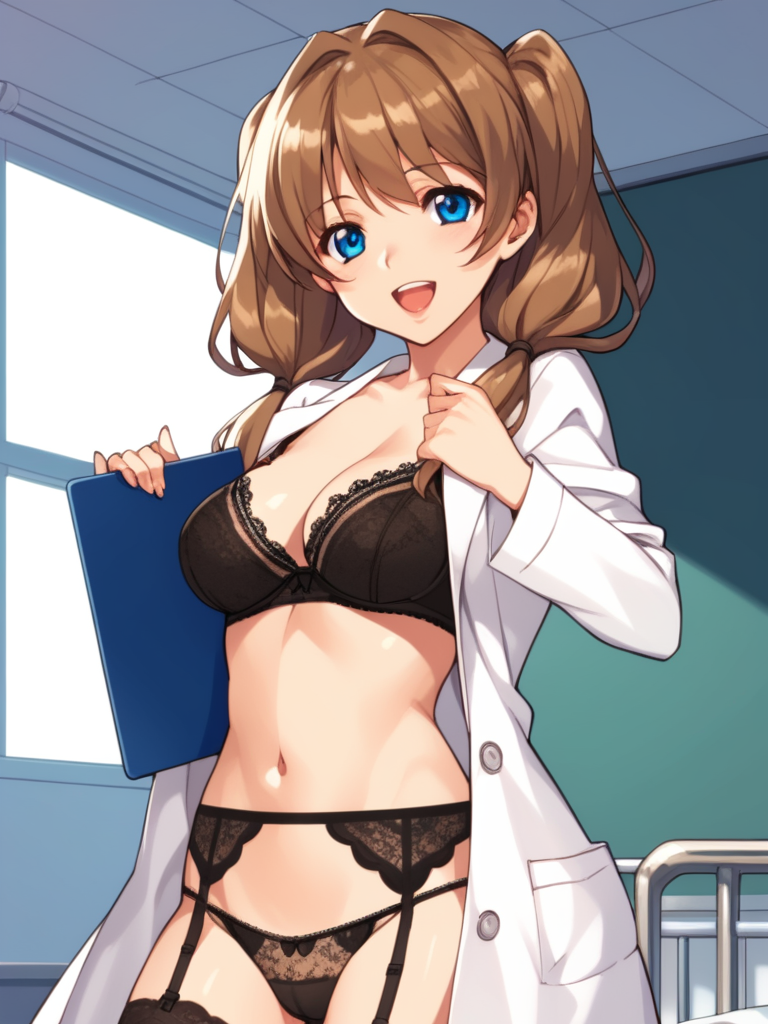 score_9, score_8_up, score_7_up, score_6_up, BREAK masterpiece, perfect face, perfect hands, high quality, source_cartoon, BREAK (1girl, solo,) <lora:Renka_Misaki_-_Akiba_Girls:1> renka, long hair, brown hair, twintails, blue eyes, open lab coat, lace bra, lace panties, garter belt, lace stockings, naughty face, holding clipboard, happy, hospital,