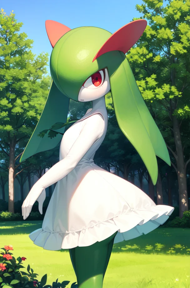 masterpiece, best_quality, 1girl, solo, kirlia, green hair, red eyes, white dress, green skin, outdoors<lora:kirlia_v1:0.8>