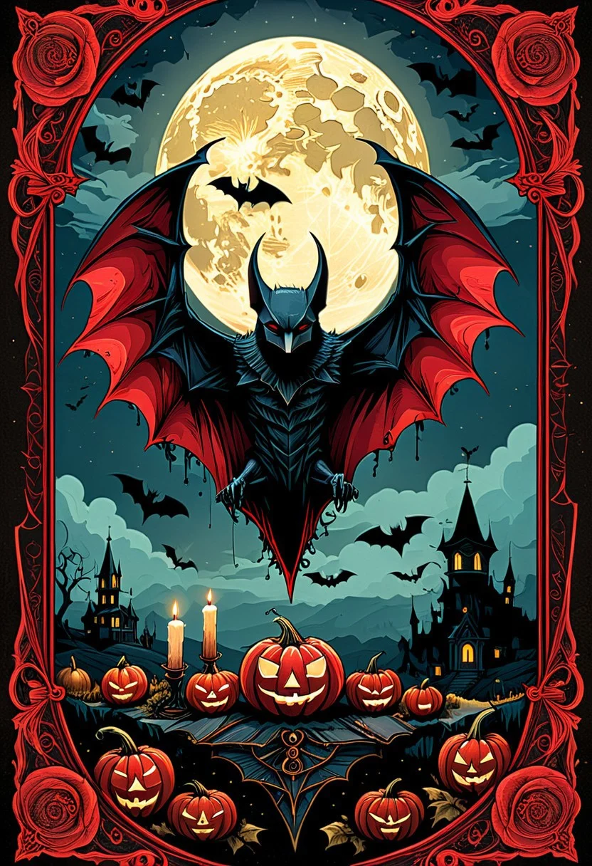 pen and ink, liquid ink, best quality, double exposure, vintage triadic red colors, "THE BAT" tarot card, eerie and detailed image, Craola, Dan Mumford, Andy Kehoe, 2d, plan, vintage, art in cracked paper, patchwork, detailed storybook illustration, cinematic, ultra highly detailed, mystical, luminism, vibrant colors, complex background<lora:xl_more_art-full_v1:0.5>, halloween, pumpkins, candles